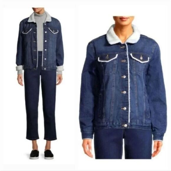 Time & Tru Sherpa Lined Trucker Denim in Medium Dark Wash Jacket Size Med 8/10 - Picture 6 of 12
